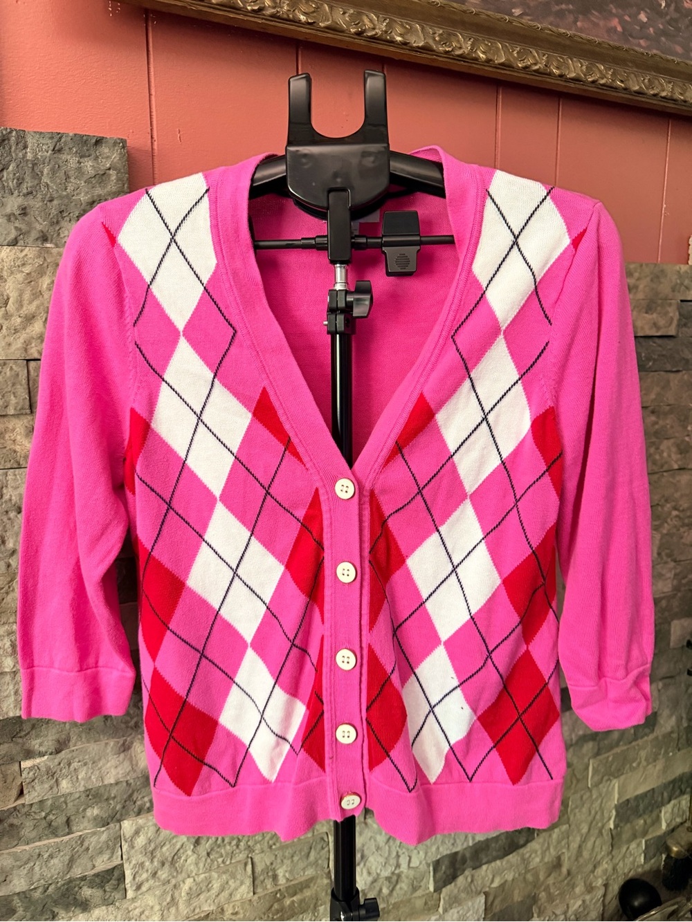 Charter Club Petite Pink Argyle Cardigan Sweater 100% Cotton Button Front P/L